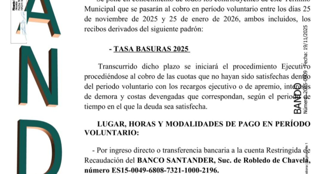 Bando: anuncio recaudación tasa basuras 2025